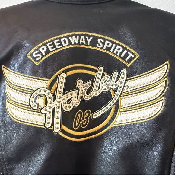 Harley-Davidson Women's Black and Cream Leather Jacket with Gold Accents - Picture 3 of 7